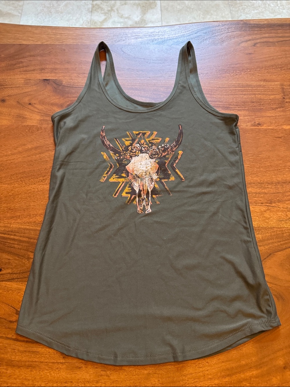 No Boundaries Olive Green Tank Top with Bull Skull Graphic